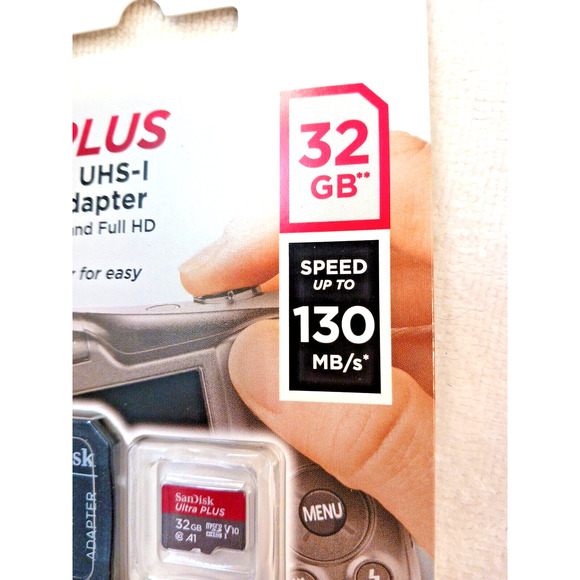 2 New! SanDisk Ultra Plus Speed 130, microSDHC UHS-1 Card w Adapter - Picture 4 of 10